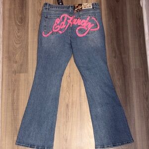 Ed Hardy Women's Flare Jeans in Blue with Pink Logo